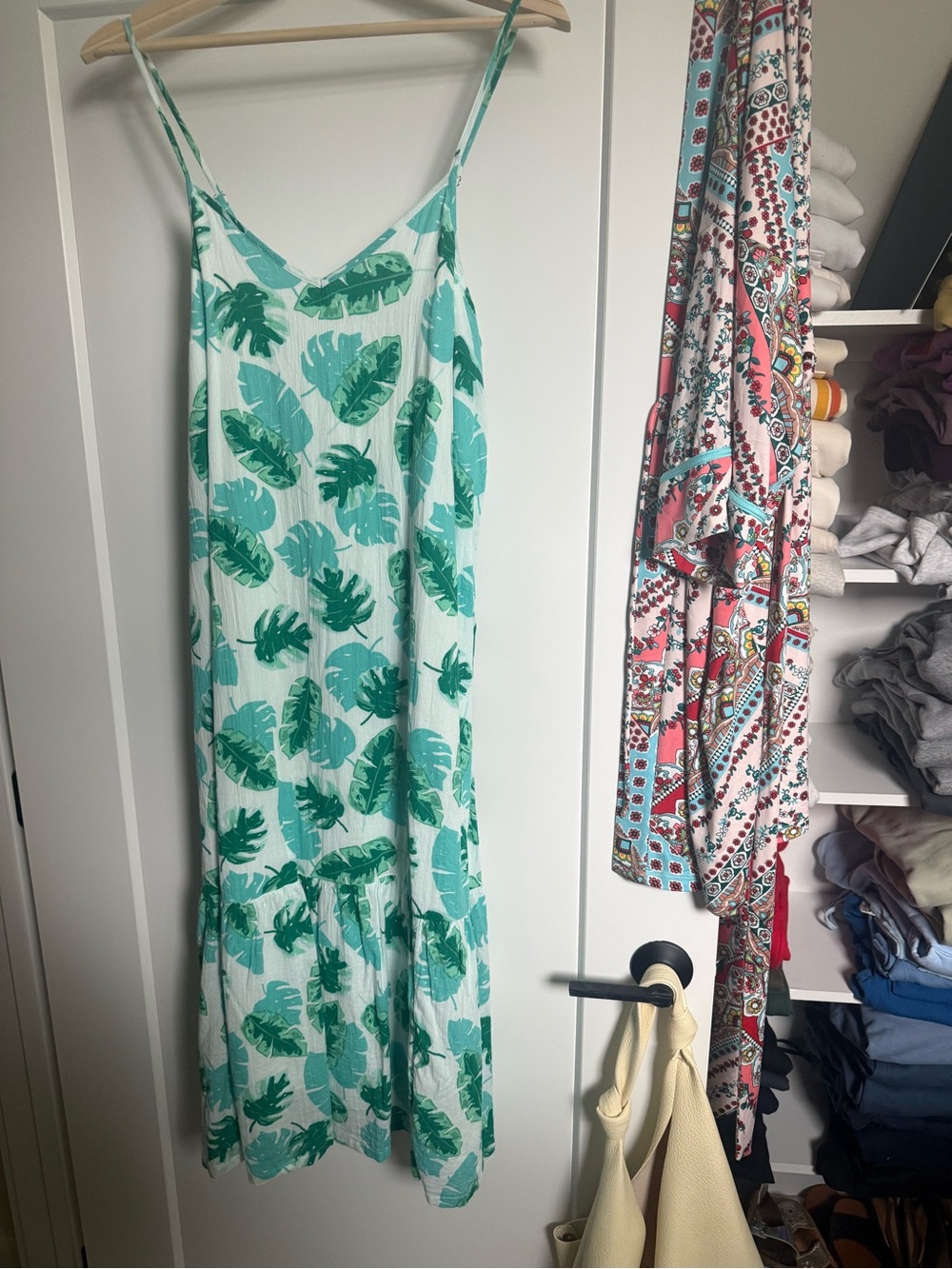 J. Crew White Midi Dress with Green Leaf Print